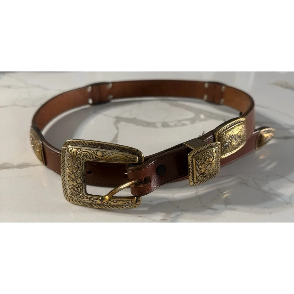 VTG 1994 Brighton Belt Women's 36.5 Colorblock Leather Brass Western Cowgirl L
